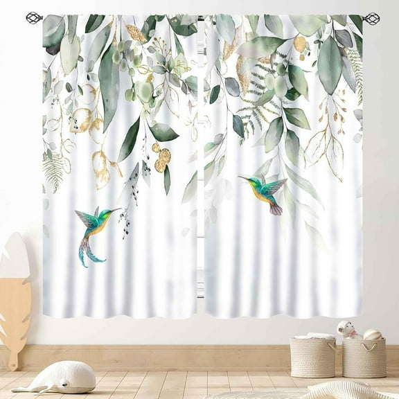 Eucalyptus Leaves Curtains, Boho Floral Birds Print Farmhouse Window Treatments Country Green Plants Botanical Blackout Drapes for Bedroom Living Room Kitchen 2 Panel Sets, 42"x63" Inch