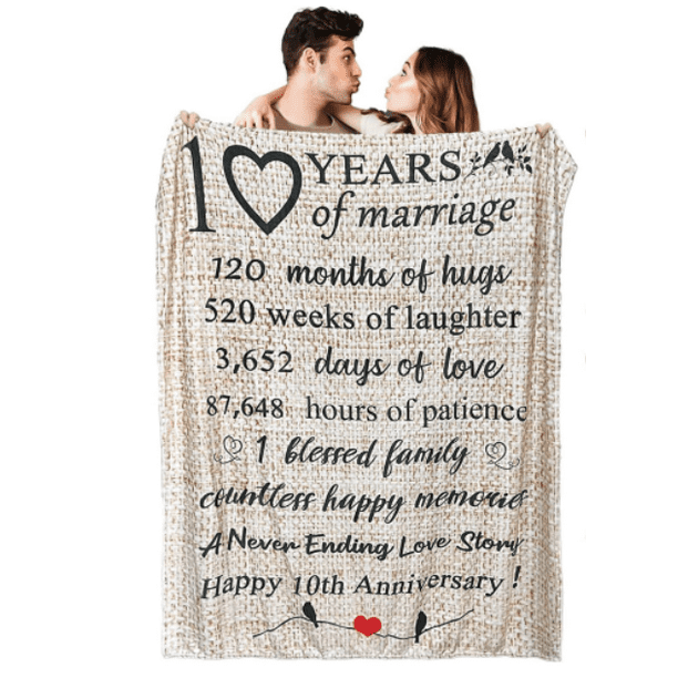 10th Wedding Anniversary Blanket Gift for Couple Wife Husband Her Him 10 Year Marriage