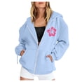 thumbnail image 3 of Oversized Shirts for Women Fall Hooded Long Sleeve Rolled Drop Shoulder Hoody Floral Leisure Cotton Sweatshirts Hoodies(Sky Blue,L), 3 of 4