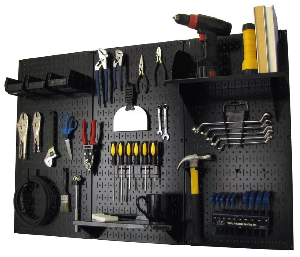 Wall Control 4ft Metal Pegboard Standard Tool Storage Kit - Black Toolboard with Black Hooks and Accessories