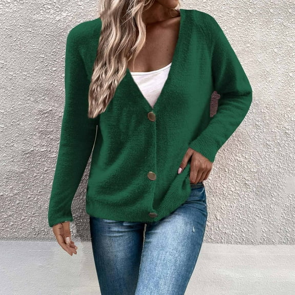 Amidoa Women's Sweaters Cardigan Green Long Sleeve Fleece Solid Fall Button up Loose Cardigans Women's Cardigans L