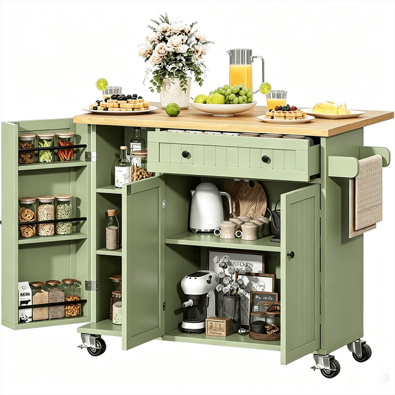 VVFLU 41.3" Kitchen Island cart with Storage, Portable Bar Cabinet on Wheels, Rolling Microwave Cart Side Table with Workstation for Kitchen, Dinning Room, Green