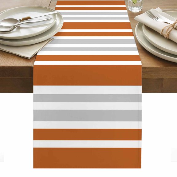 Burnt Orange Grey Stripe Table Runner - 60 Inch Long, Kitchen Dining Table Runner Dresser Scarves, Farmhouse Minimalist Striped Farmhouse Decor for Coffee Tables Wedding Party Banquet