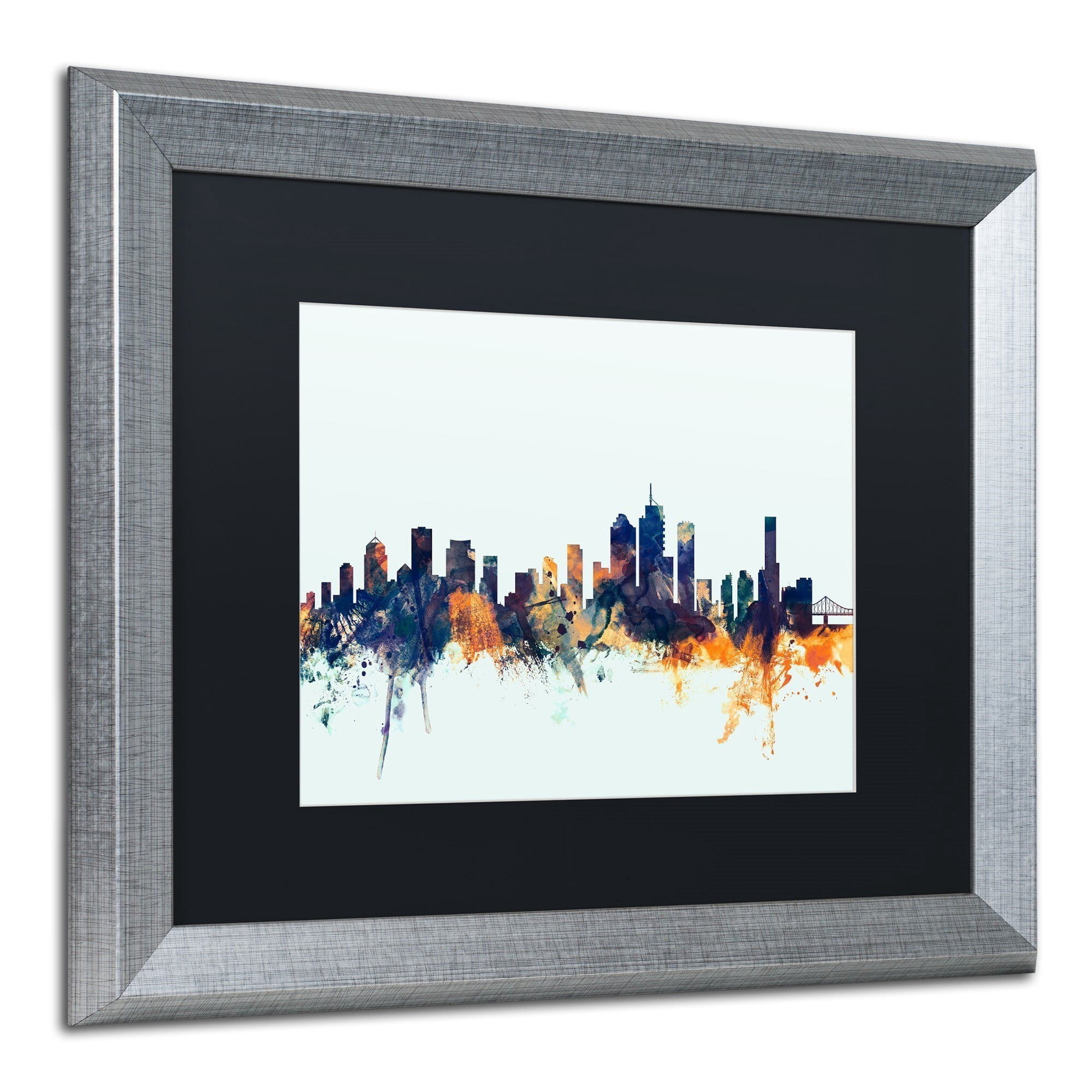 Trademark Fine Art "Brisbane Skyline Blue" Canvas Art by Michael Tompsett, Black Matte, Silver Frame