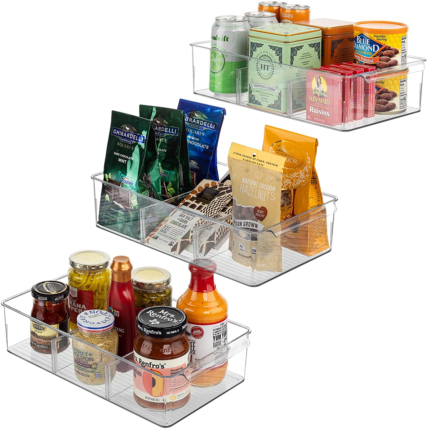 Sorbus Organizer Bins with Removable Compartments, Kitchen Pantry Organization Storage Bins with Section Dividers, Snack and Candy Organizer, Food Packet Containers for Cabinet Organizing (3-Pack)