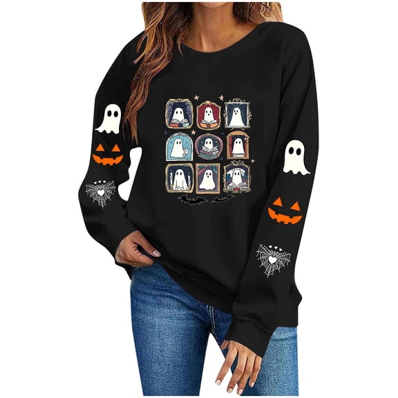 Livrdious Spooky Season Sweatshirts Womens Ghost Pumpkin Graphic Sweatshirt Crew Oversized Pullover Sweatshirt