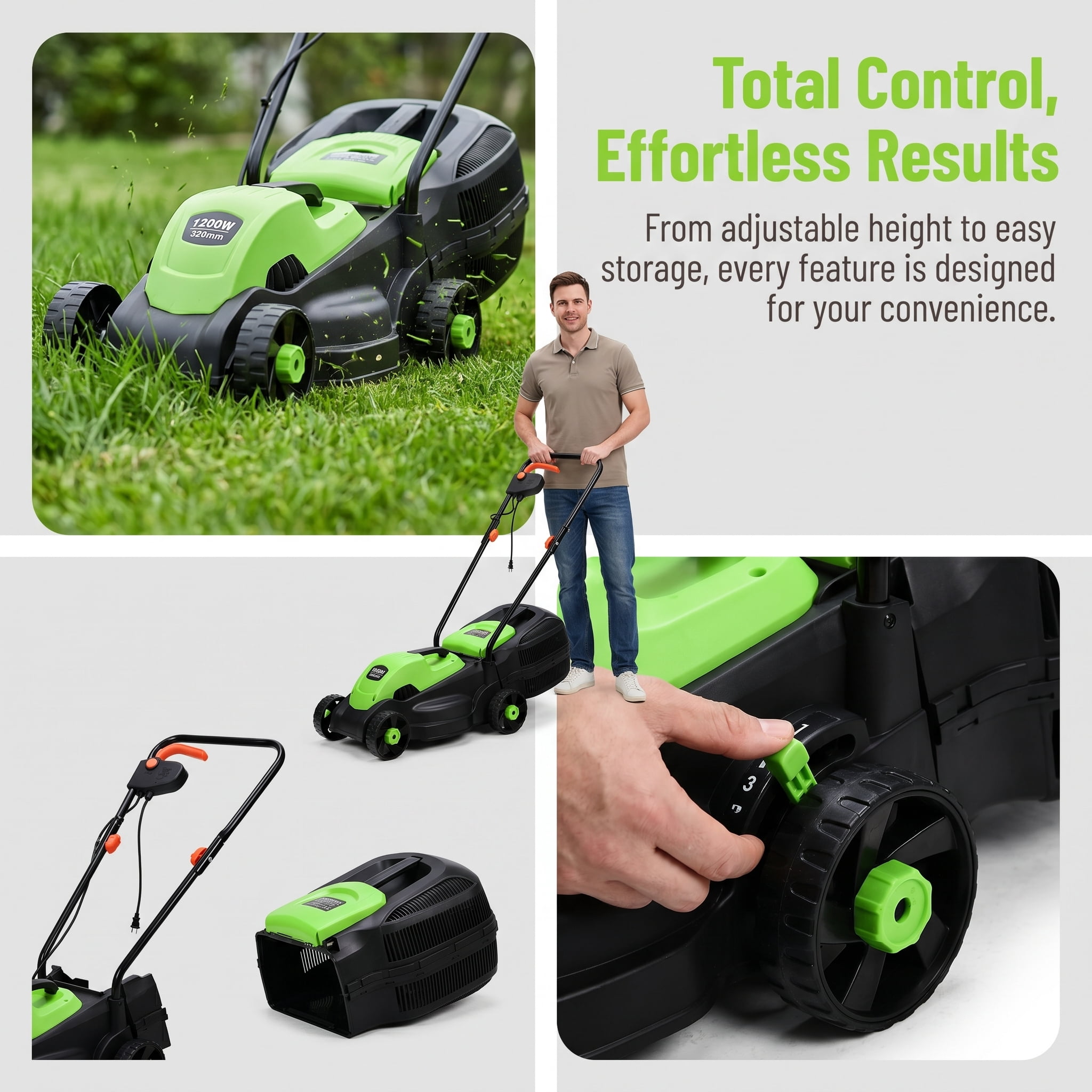 Kadyn 14 Inch 12 Amp Electric Push Corded Lawn Mower with 30L Grass Bag, 3 Adjustable Cutting Heights, Foldable Handle, One-Touch Start, Green