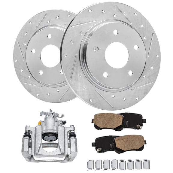 Detroit Axle - Rear Brake Kit for Chrysler Town & Country Dodge Grand Caravan VW Routan, Drilled & Slotted Brake Rotors Ceramic Brakes Pads Brake Caliper 2009 2010 2011 2012 Replacement