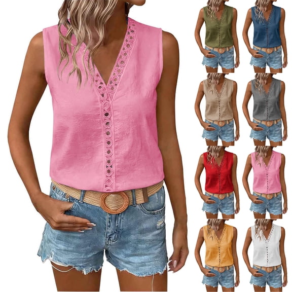 Otntypg Cutout V Neck Tank Tops for Women Dressy Casual Summer Sleeveless Lace Crochet Eyelet Hollow out Tunic Blouse Trendy Beach Vacation Tees Shirt Red S