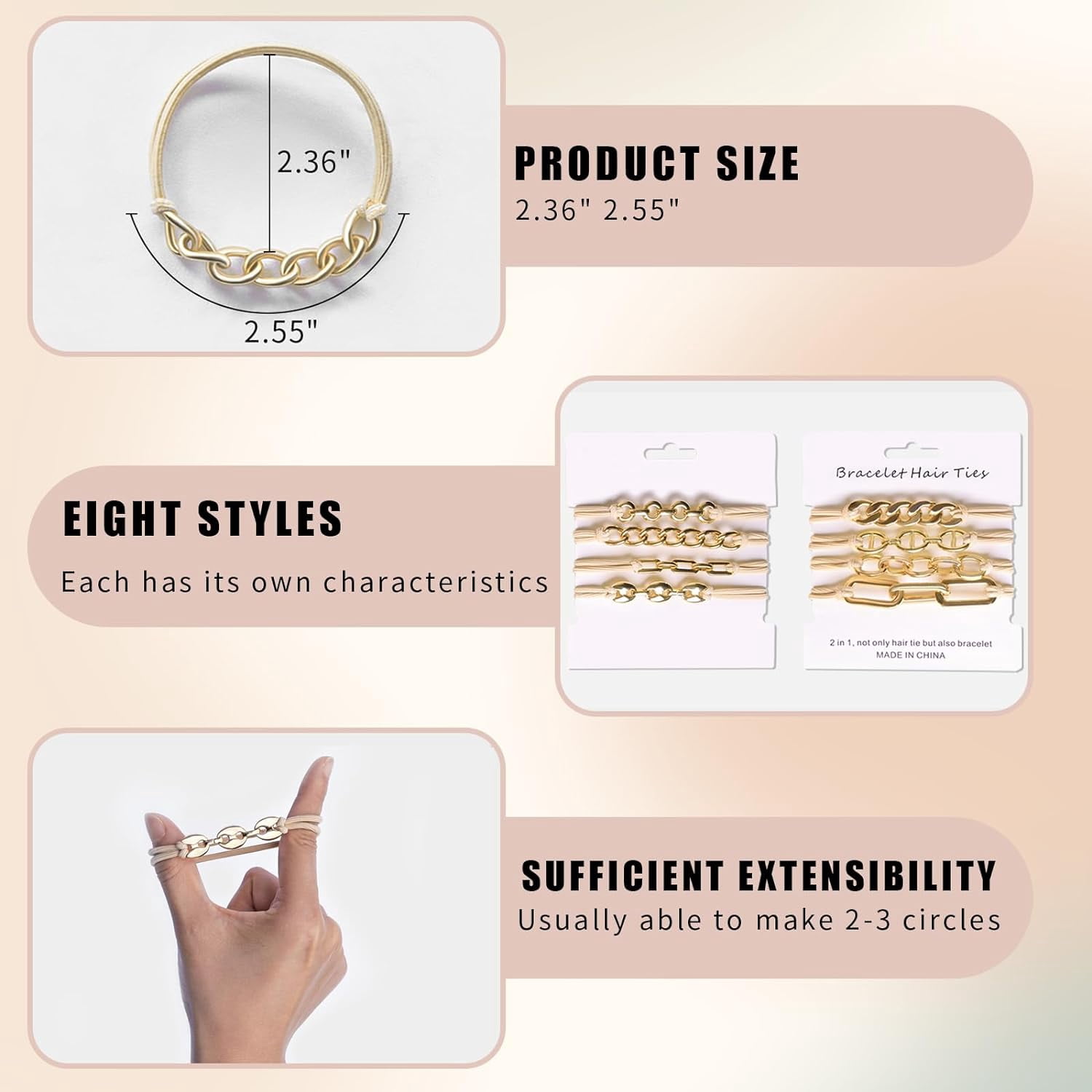 Hair Ties No Damage Gold Bracelet Hair Accessories, 8Pcs Practical Elastic Cute Hair Bands, Fashion Jewelry Ponytail Holders for Women, Thin or Thick Hair (8 Pack-Gold)