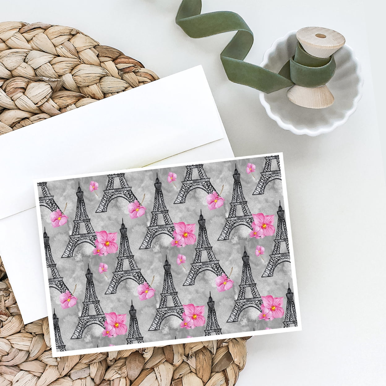 Watercolor Pink Flowers Eiffel Tower Greeting Cards and Envelopes Pack of 8