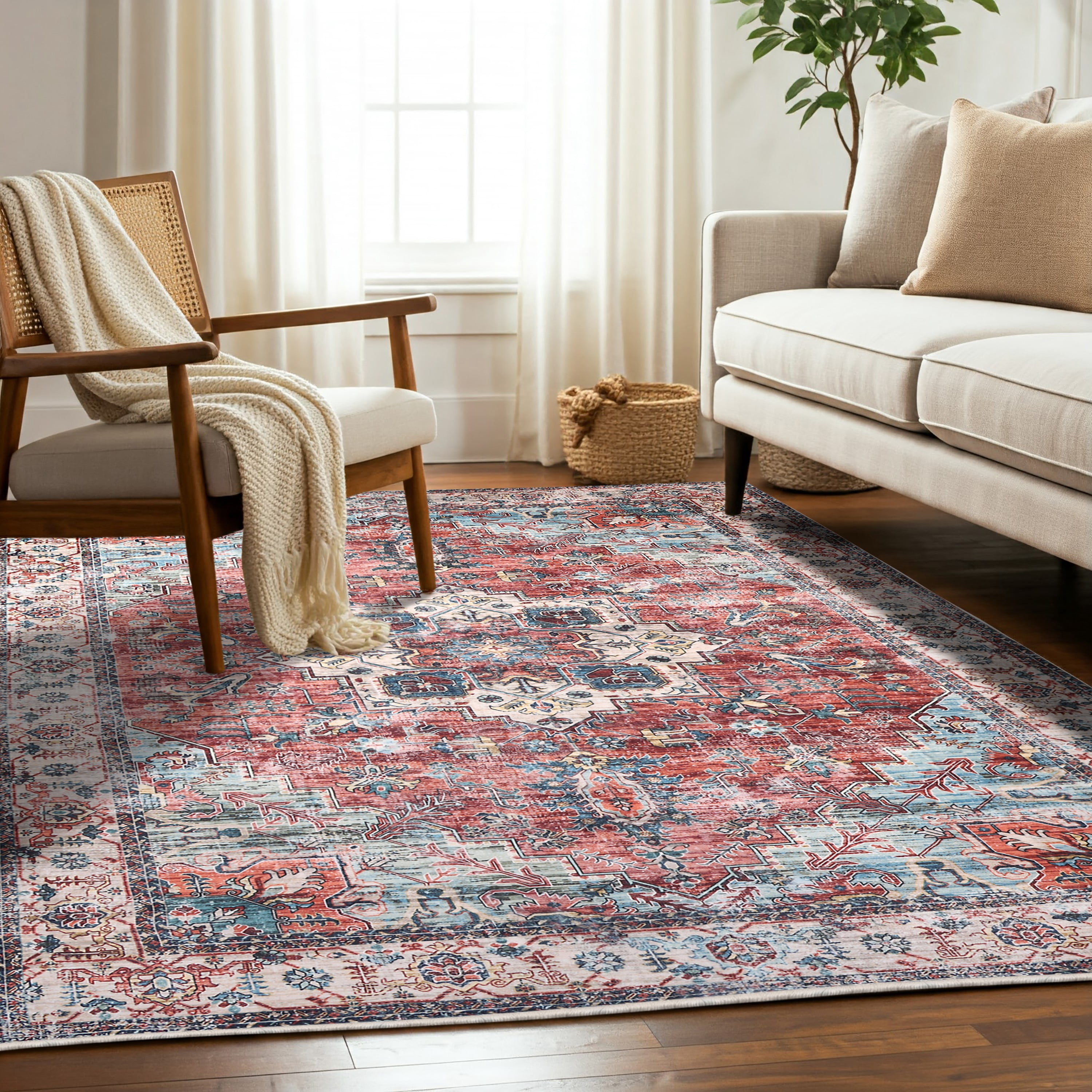 Delara 5'x7' Machine Washable Area Rug, Soft & Durable, Non-Slip, Stain Resistant, Persian Sunset, for Bedroom, Living & Dining Room