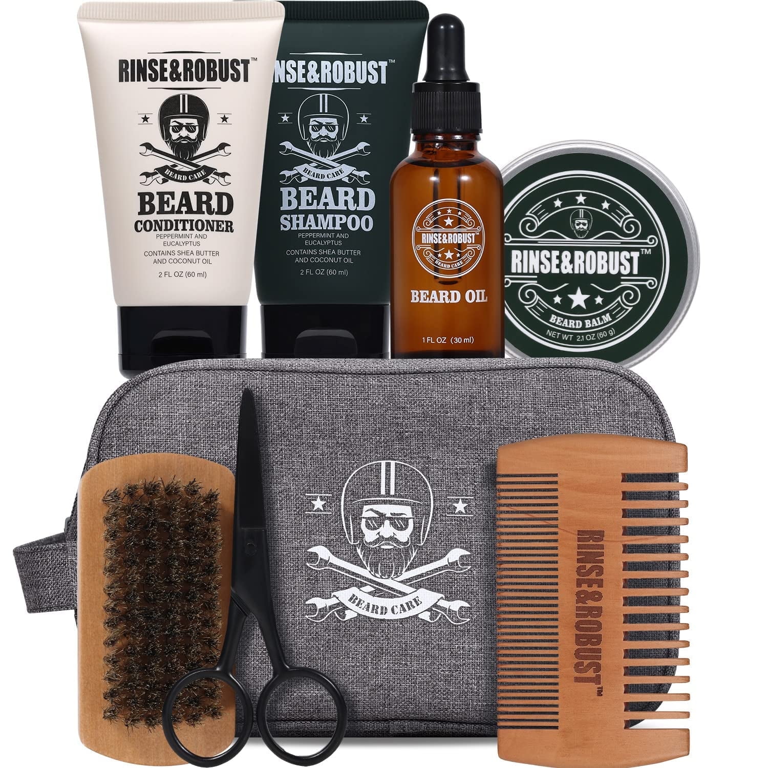 Beard Kit for Men Beard Care Sets, 8pcs with Traveling Bag, Beard Grooming Wash & Beard Conditioner Kit, Peppermint & Eucalyptus Gifts for Him, Husband