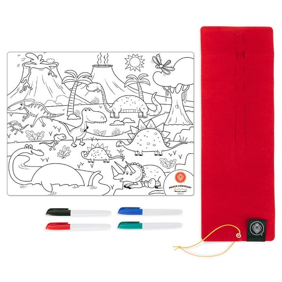 Prince Lionheart Color and Draw Reusable Silicone Placemat with Markers and Travel Sleeve, Dino