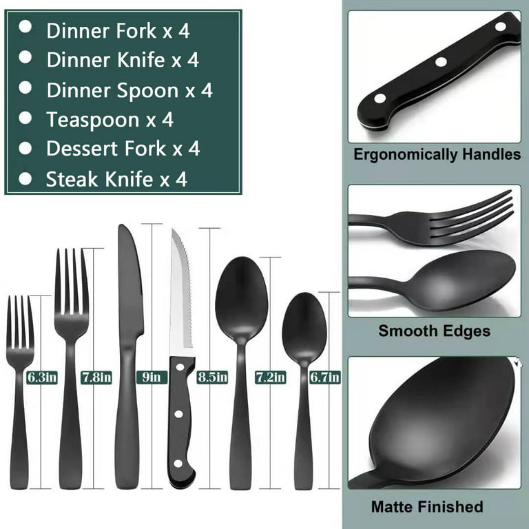 Walchoice 40 Piece Black Silverware Set, Stainless Steel Flatware for 8, Elegant Cutlery Set Includes Knives Forks Spoons, Mirror Polished 