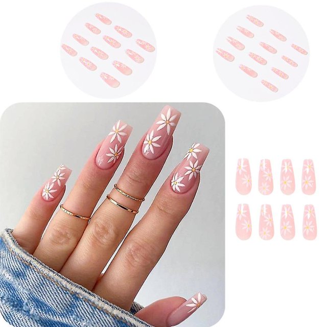 CARBONLIKE 24 uds/set dise?o de flores manicura a presión, u?as postizas de longitud media, u?as postizas de cobertura completa francesa para mujeres y ni?as LingWen 8390606665461