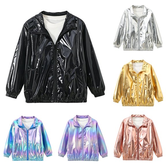 Krdevn Unisex Kids Metallic Shiny Zip Jacket, Lapel Collar Long Sleeve Fashion Casual Coat Trendy Boys Girls Coat for Spring Fall,Black
