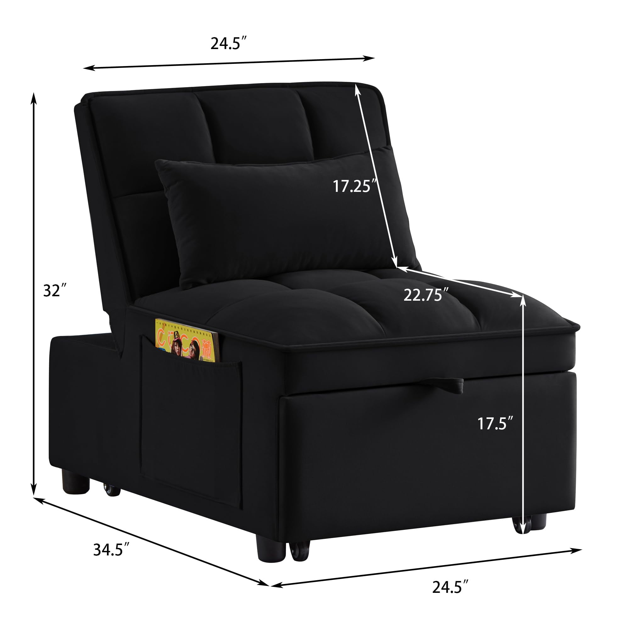 ODUWA 4-in-1 Convertible Sleeper Chair, Pull-Out Sofa Bed with Adjustable Backrest, Ottoman & Recliner, Velvet Upholstery, Black