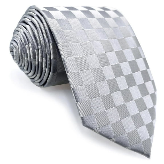 Mens Necktie Satin Silver Off White Light Grey Checkered Rhomibic Tie Classic Size 57.5"×3.15"