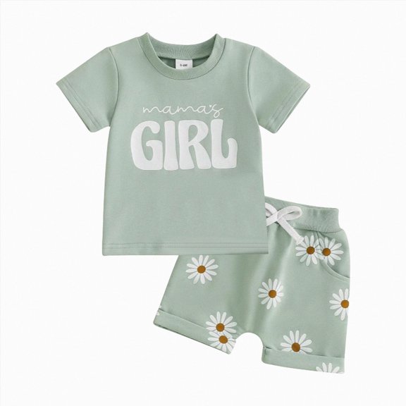 Xudanell Baby Girls Summer Outfits Mama Print Toddler Girl Short Sleeve Two Piece Set T Shirt Shorts Summer Clothes Green 2-3 Years