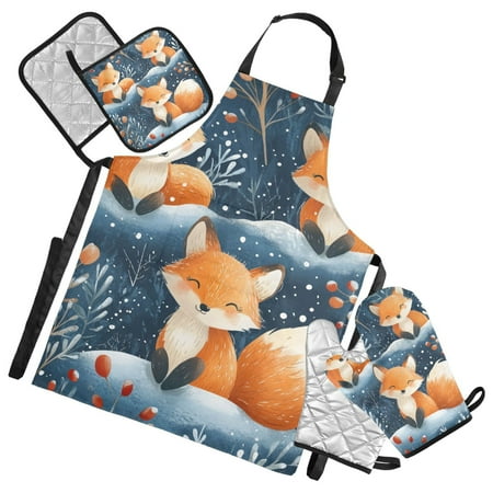 Cute Foxes in Winter Leaves Snow Apron Set with Oven Mitts Pot Holders Set of 5 Kitchen Stuff Accessories