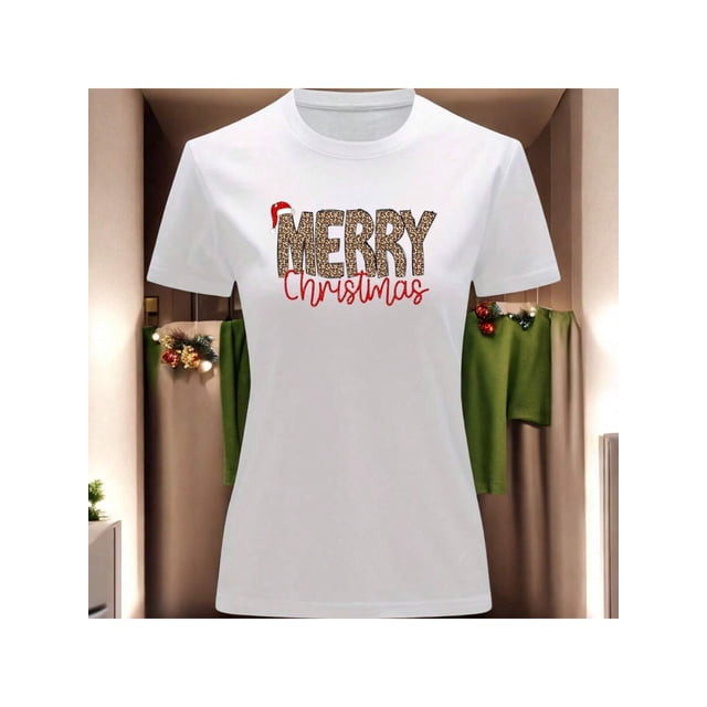 Playera Blusa Con Estampado Merry Christmas Estilo Animal Print Ropa Para Mujer Color Blanco Talla Mediana Marca Emil SaEs
