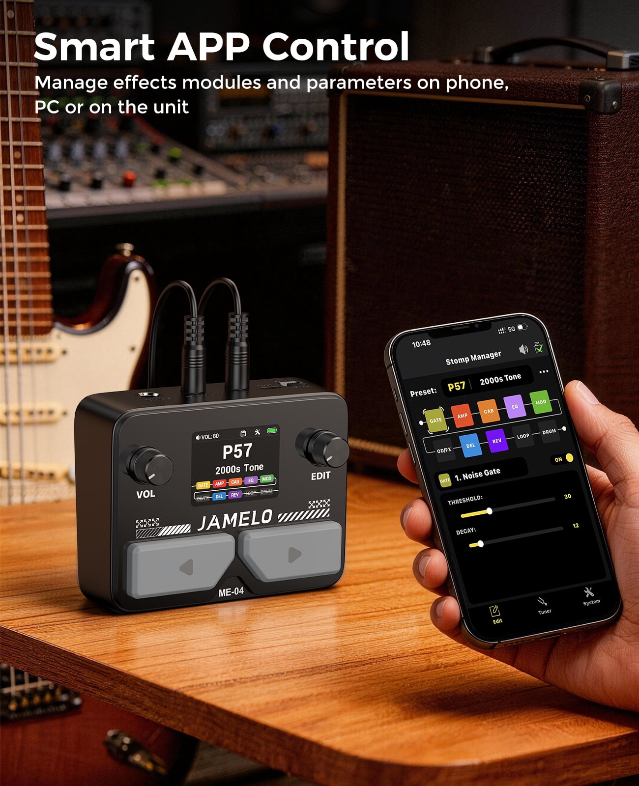 JAMELO Portable Pocket Multi Effects Pedal, 100+ Built-in Guitar/Bass/Acoustic Effects, Amp Modeling, IR Cabinets Simulation, Stereo OTG USB Audio Interface, Rechargeable Guitar Pedal