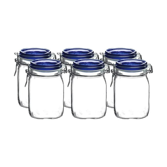 Bormioli Rocco Fido Swing Top Canning Jars with Blue Lid (Set of 6) | 33.75oz (1L)