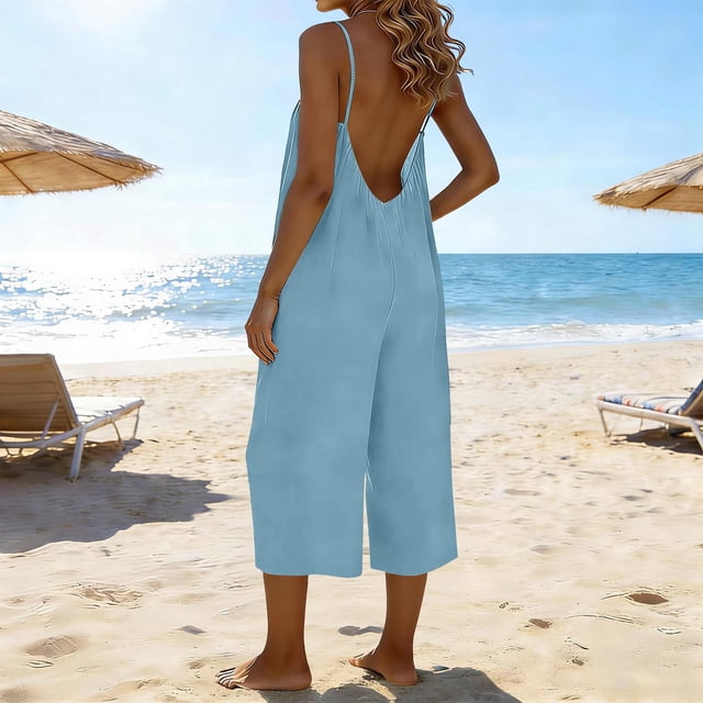 HongQid Women Jumpsuits Sleeveless Casual Wide Legs Backless Rompers Loose Overall with Pockets