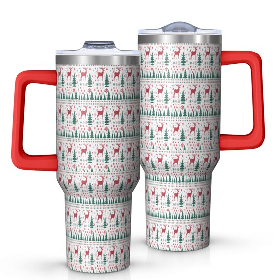 White Christmas Deer and Tree Pattern Tumbler with Handle and Lid,40oz Double Wall Vacuum Insulated Tumbler,Cups Gift for Women and Men
