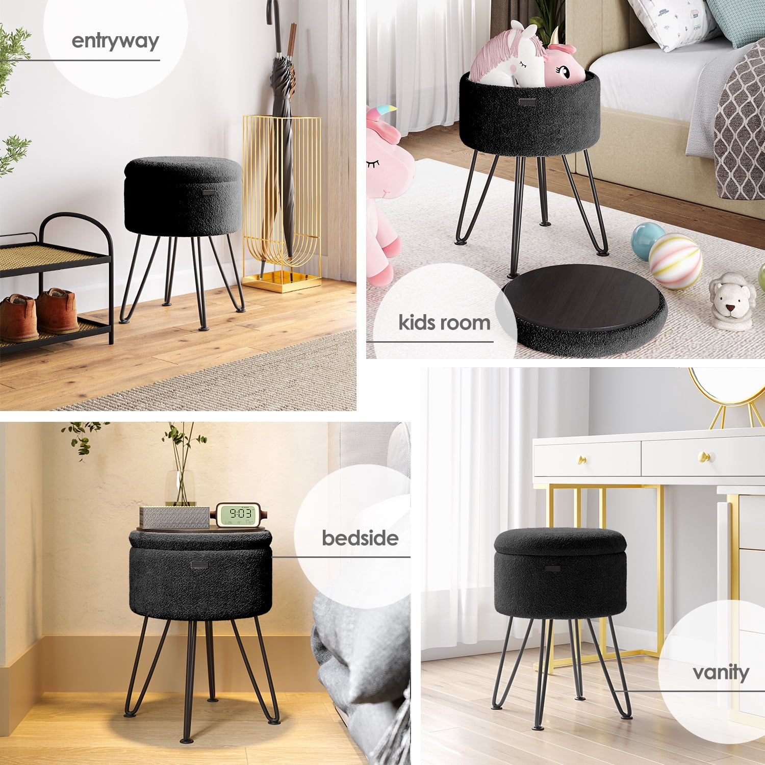 Hearth & Harbor Round Ottoman with Storage, Luxurious Foot Stool and Chic Vanity Stool with Storage, Elegant Boucle Black
