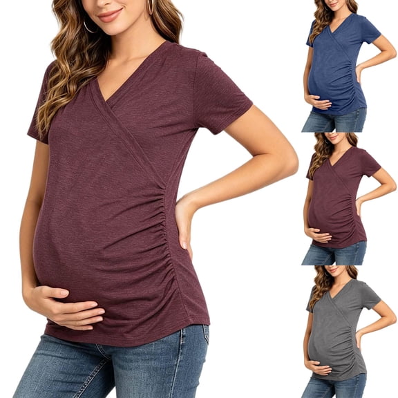 Noric Women V Neck Short Sleeve Maternity Nursing T-Shirt Side Ruched Slim Fit Pregnancy Soft Casual Pullover Top