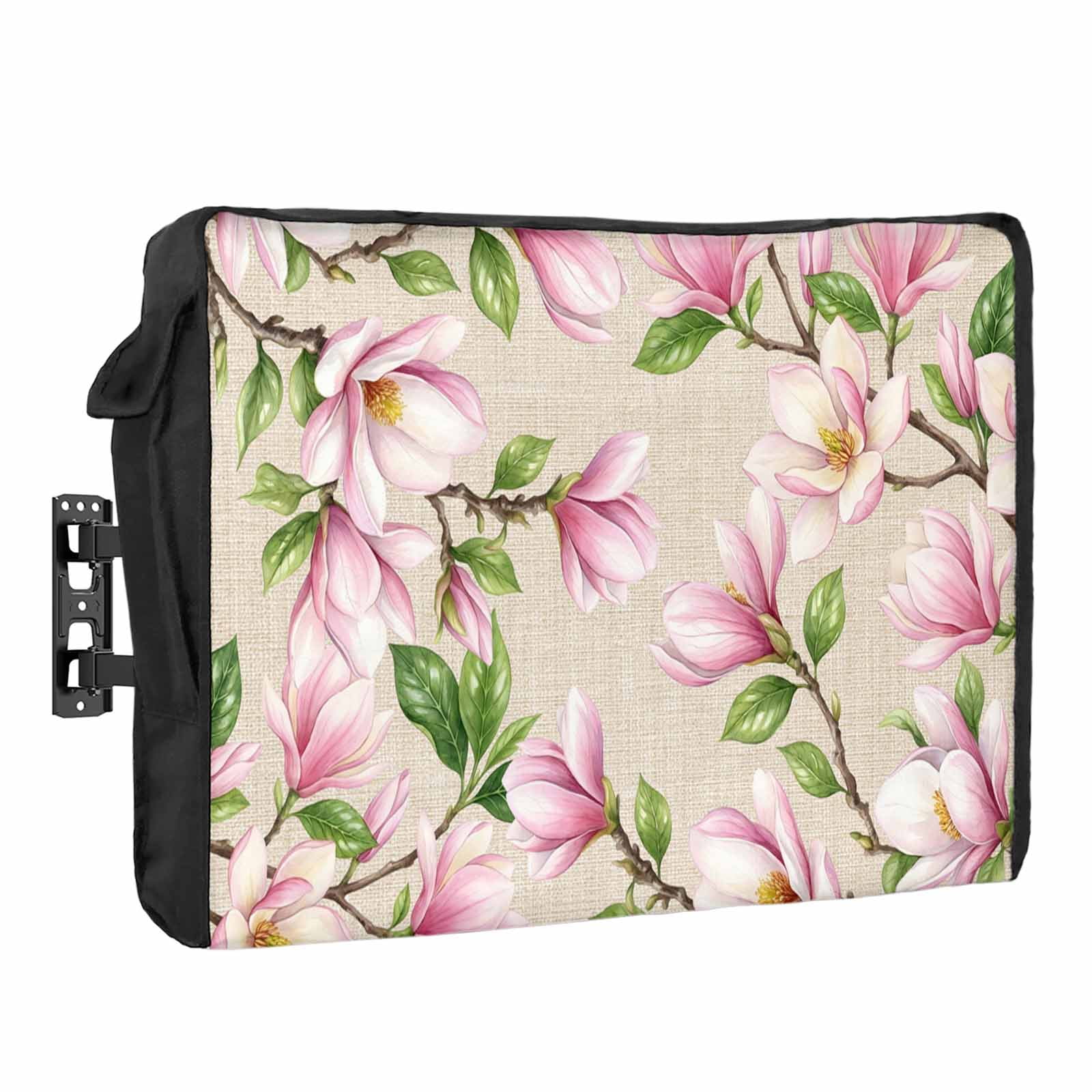 Pink Magnolia Waterproof Outdoor TV Cover, Floral Branches Leaf Botanical Linen Texture Outside Weatherproof TV Enclosures for 52 to 55 Inch LCD Television Shield Flat Screen Protectors