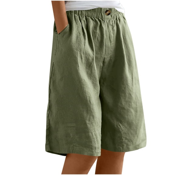 Qiopertar Women's Linen Shorts Summer Elastic Waist Casual Pants with Pockets Cotton Linen Blend Capri Pants, Green 3XL