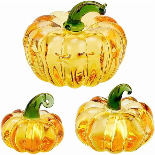 3 figuras coleccionables de calabaza, 3 tamaños, pisapapeles de calabaza de cristal dorado, adornos decorativos de calabaza para mesa.