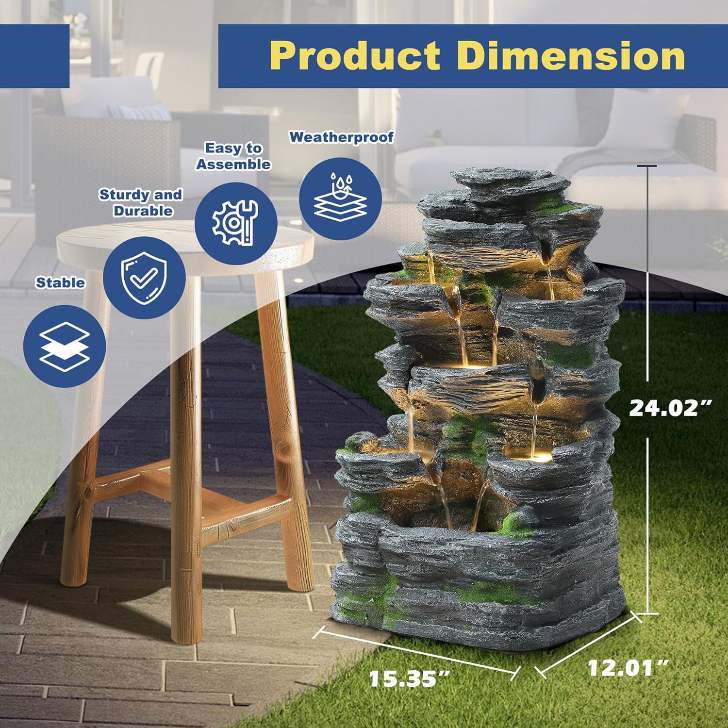 Outdoor Cascading Stone Water Fountain, 7-Tier Floor Natural Looking Rock Fountains with LED Pump Moss Decor, Freestanding Resin Fountain and Cascading Water Feature for Patio Garden, Grey