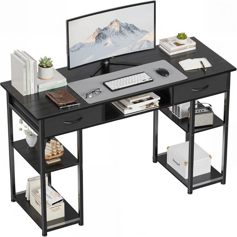 Kelno 48 Inch Computer Desk with Storage Shelf 2 Fabric Drawer Vanity Writing Table, Black