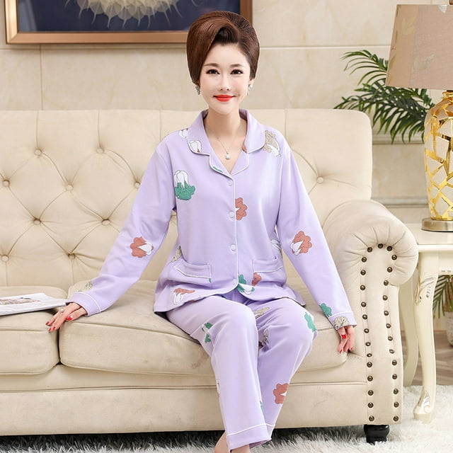 REDHOTYPE Pyjama de Mère Femmes Printemps et Automne Manches Longues Grande Taille Nouvelle Mode Floral Coton Homewear Set
