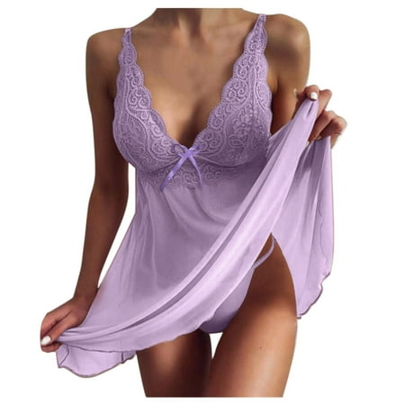 MITCOWBOYS Babydoll Lingerie for Women Transparent Lingerie Sexy Pajamas Underwear Suspenders Dress Women Lace Chemise Nightgowns for Women Sexy Nighties for Women Purple S (Clearance)