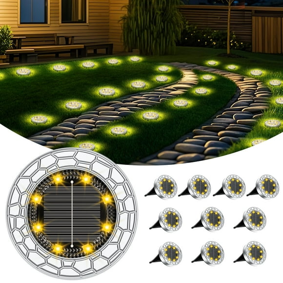 (Bianco Caldo)FIFlying 10 pezzi Luci Solari da Giardino, 8 LED Lampade Solare da Terra, Acciaio Inossidabile Bianco Caldo Faretti Sepolta S