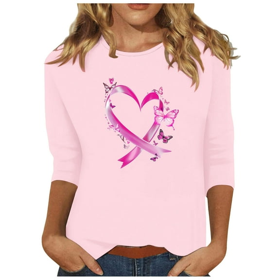 YFNNUP Womens' 3/4 Length Sleeve Breast Cancer Shirts Pink Ribbon Graphic Painting Shirt Casual Crewneck Tshirts Loose Fit T Shirt Soft Lightweight Three Quarter Length Shirts
