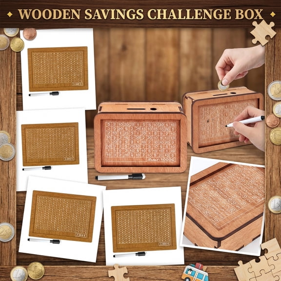 Wooden Savings Challenge Box with Removable Acrylic Panel and Dry Erase Marker for Budgeting and Money Management Activities