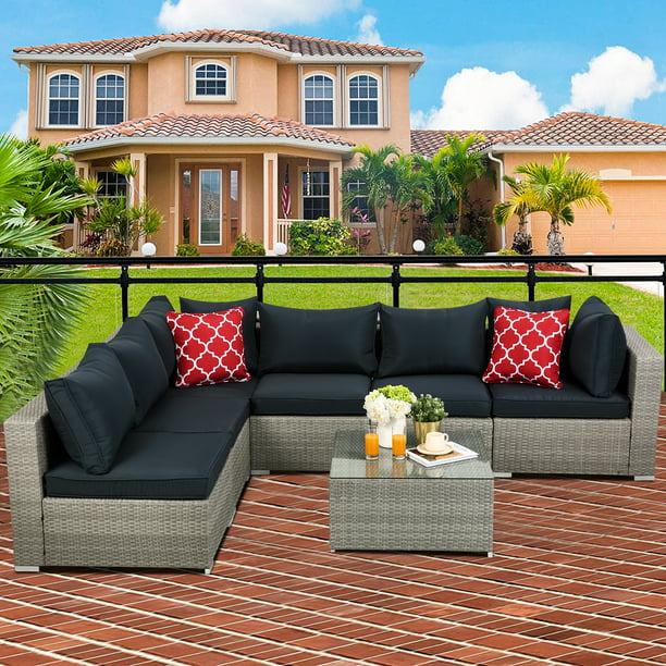 Wicker Patio Sectional Sets With Coffee Table 2021 Upgrade 7 Piece Conversation Set W 4 Mid Seats 2 Corner Sofa 14 Padded Cushions Pillows 330lbs Dark Blue Cushion Ss636 Com - Best Patio Furniture Sectionals 2021