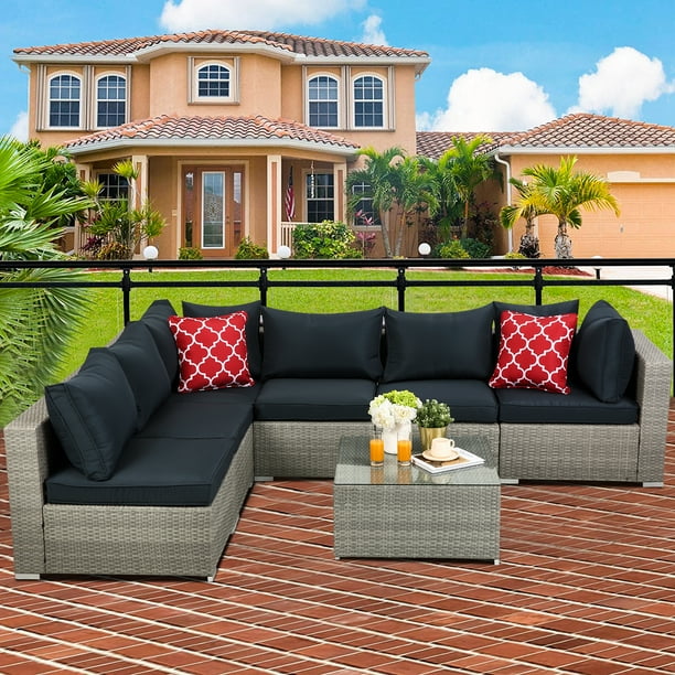 Wicker Patio Sectional Sets With Coffee Table 2021 Upgrade 7 Piece Conversation Set W 4 Mid Seats 2 Corner Sofa 14 Padded Cushions Pillows 330lbs Dark Blue Cushion Ss636 Com Wicker Patio Sectional Sets With Coffee, Best Patio Conversation Sets For The Money 2021