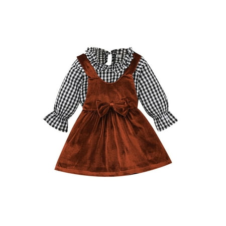 

Ma&Baby Kids Girl Autumn Outfit Ruffle Plaid Long Sleeves Shirts and Bow A-line Strap Dress Set