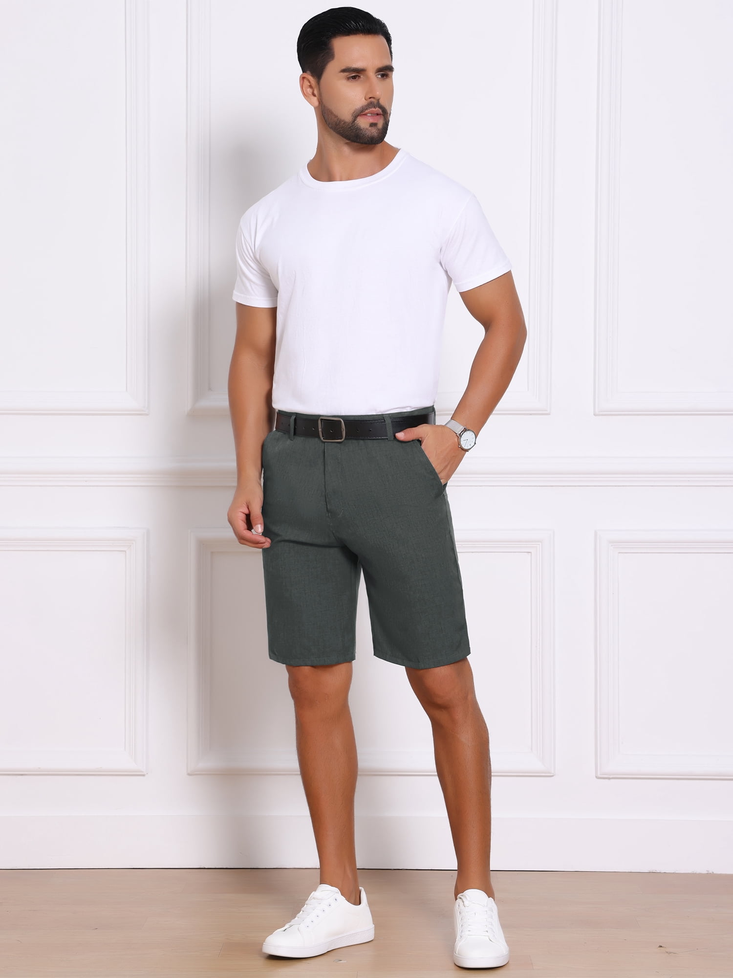 DARING DIVA Men's Above Knee Formal Linen Texture Shorts Pants with Pockets 34 Dark Gray