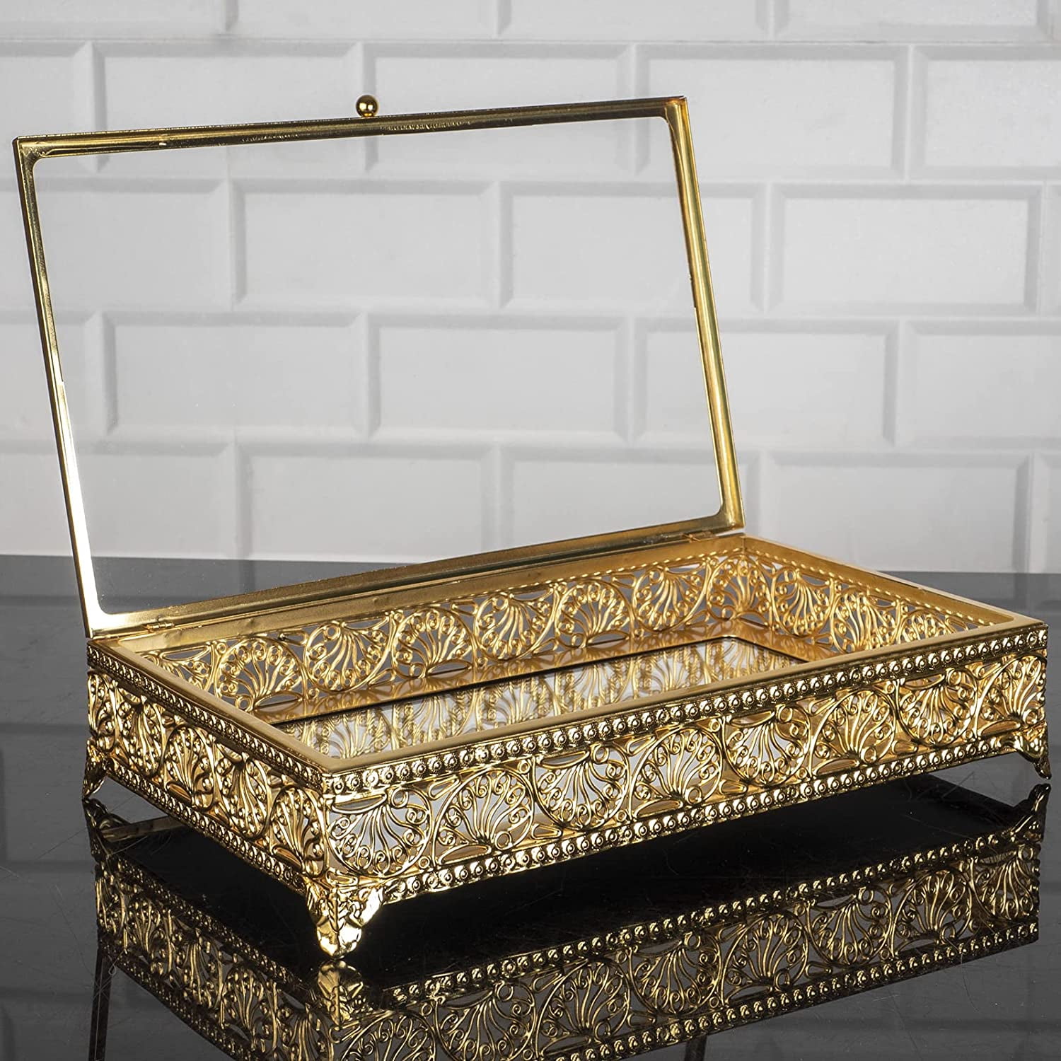 HAKAN Handmade Fancy Keepsake Boxes, Vintage Gold Jewelry Box, Metal Display Cases with Clear