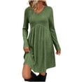 thumbnail image 2 of Homenesgenics Spring Dresses for Women 2026 Plus Size Trendy Ladies' Color Casual Long-sleeved V-neck Dress With Pockets And A Cinched Waist Green XL, 2 of 9