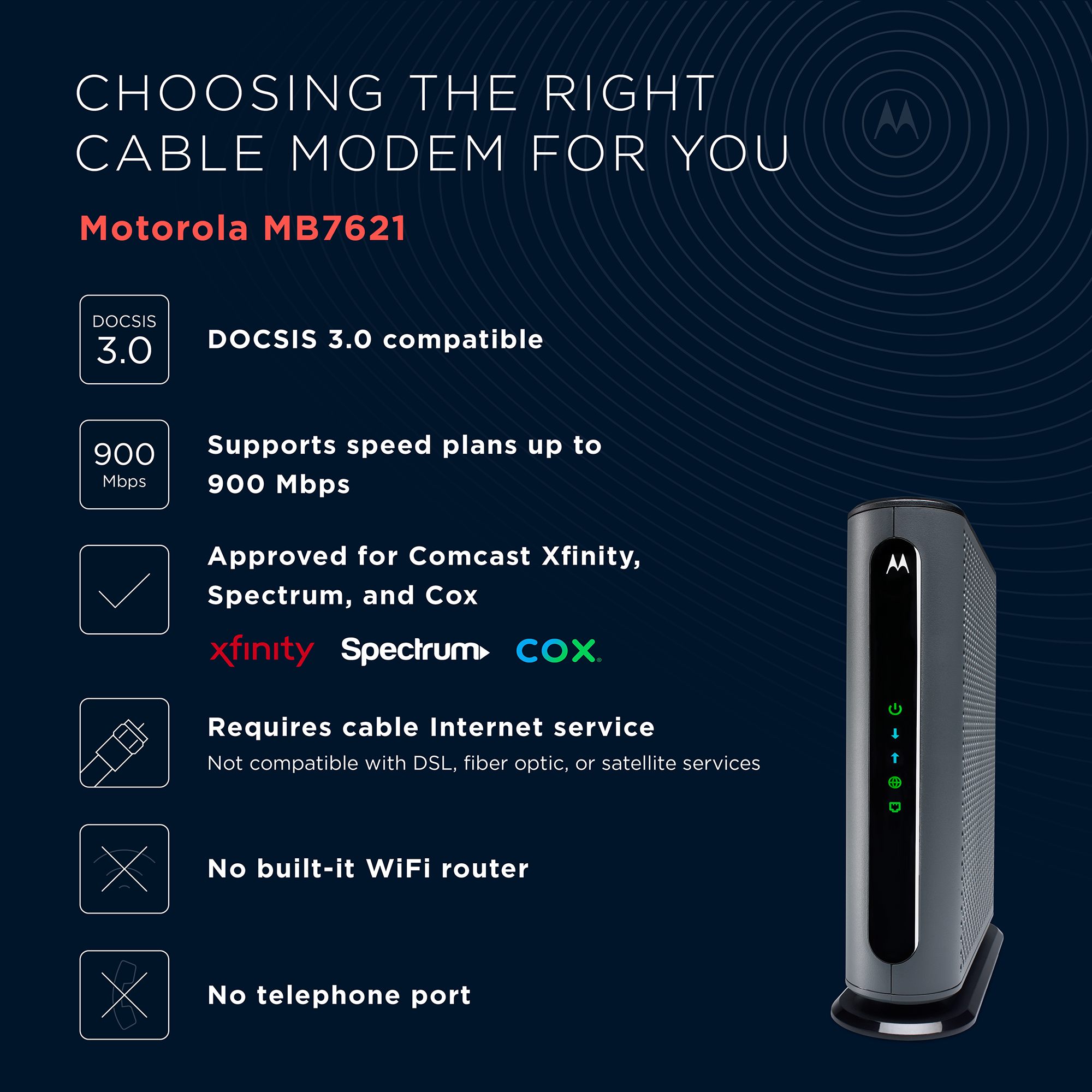 MOTOROLA MB7621 Cable Modem, DOCSIS 3.0 - Pairs with Any Wi-Fi Router | Approved by Comcast Xfinity, Cox, and Spectrum | 1000 Mbps Max Speed - image 3 of 9