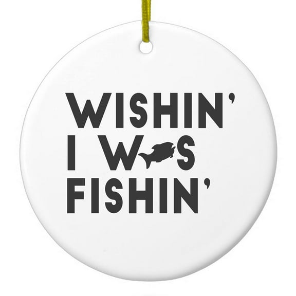 DistinctInk Hanging Ceramic Christmass Tree Ornament with Gold String - Great Gift / Present - 2 3/4 inch diameter - Wishin' I was Fishin'